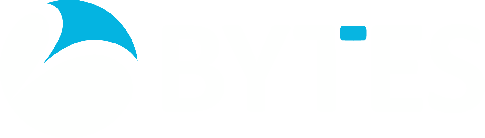 Bytes company logo in white with a blue accent, transparent background