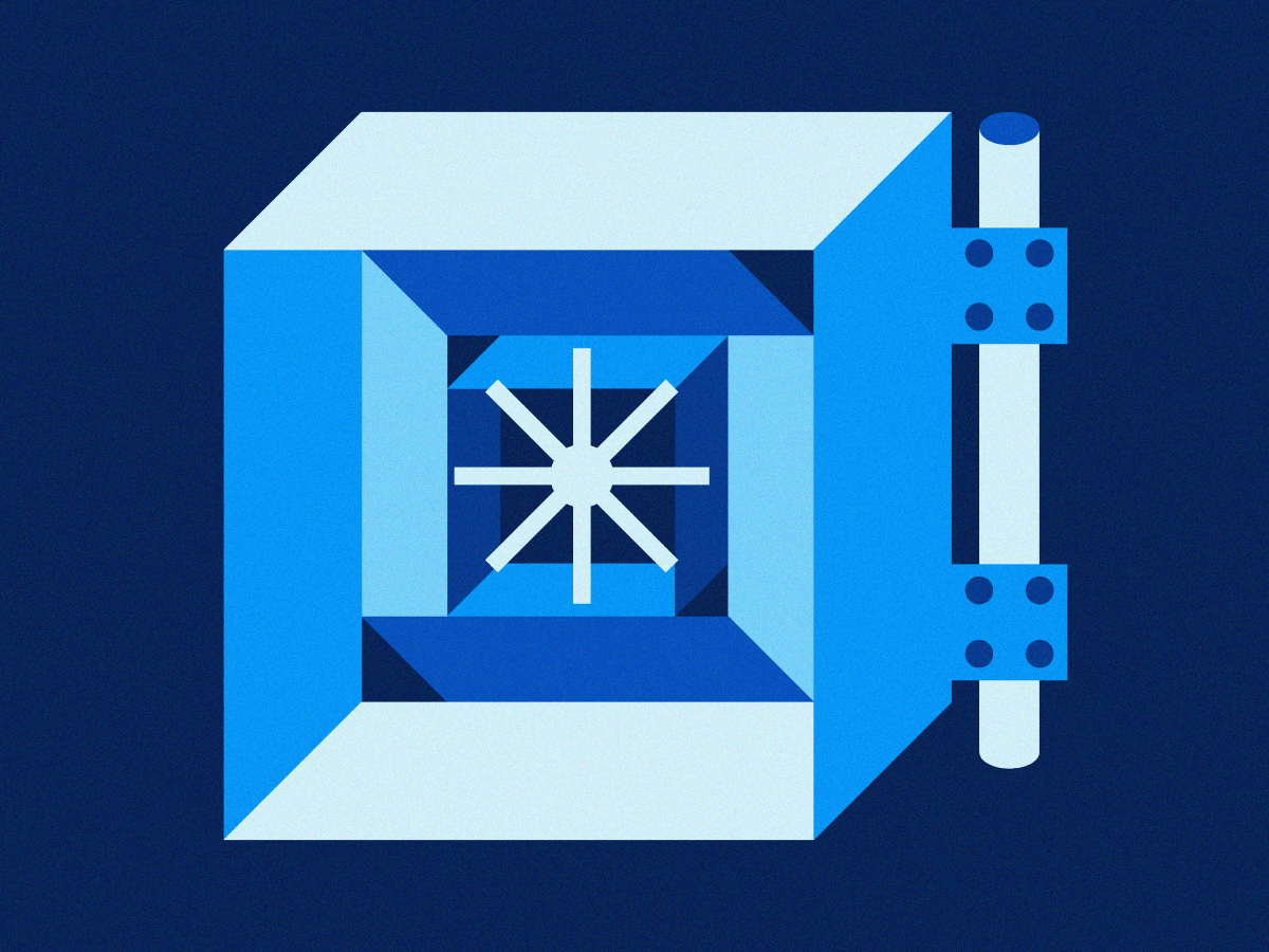 An illustration of a secure vault, representing AWS security features and data protection. The image uses shades of blue to convey strength and reliability.