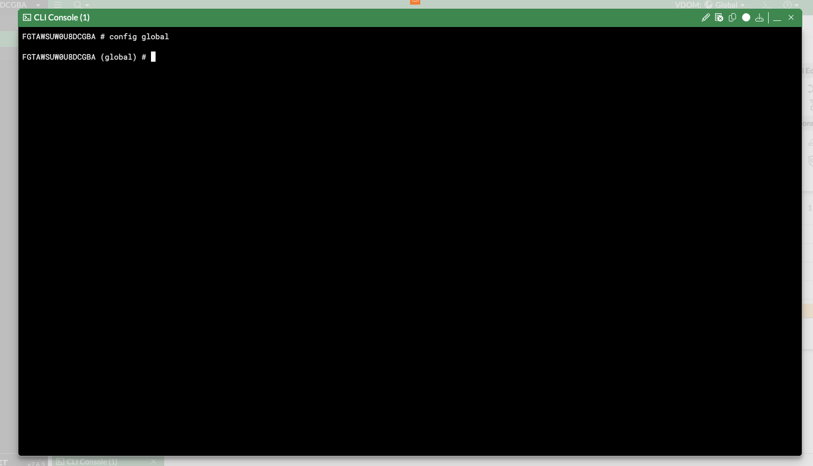Screenshot of the Fortinet CLI console with a configuration command on the AWS Marketplace, showing the command 'config global' in a terminal interface.
