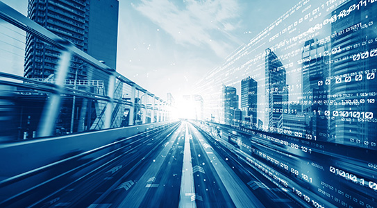 Futuristic cityscape with motion blur and digital code overlay, symbolizing technology and speed.