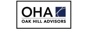 Logo of Oak Hill Advisors with the initials "OHA" and a blue square featuring a curved white line.