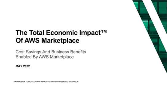 Slide cover for 'The Total Economic Impact of AWS Marketplace' Forrester report (May 2022), highlighting cost savings and business benefits enabled by AWS Marketplace.