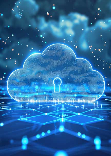 A glowing blue cloud icon with a keyhole in the center, symbolizing secure cloud computing, set against a futuristic digital background.