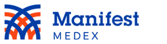 Logo for Manifest Medex, featuring a stylized blue and orange emblem and the company name.
