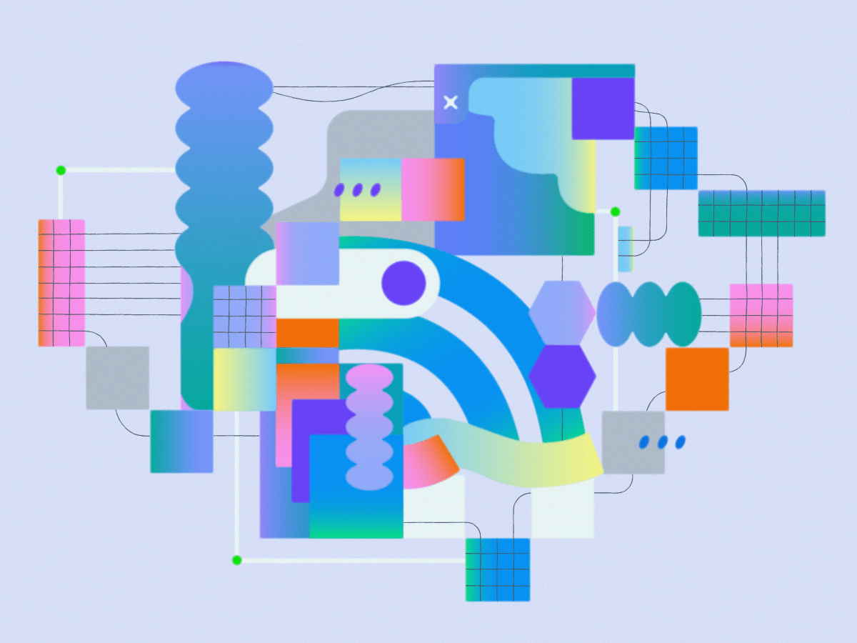 Abstract geometric design with colorful shapes, gradients, and interconnected lines on a light blue background.