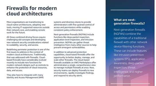 Informational image from an eBook showing a diagram and explanation about next-generation firewalls (NGFWs) for modern cloud architectures, including security features such as intrusion prevention, application awareness, and deep-packet inspection, set against a blue cloud-themed background.