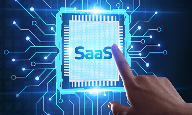A digital illustration showing a hand touching a glowing circuit with the word 'SaaS' at the center, representing software as a service technology and digital innovation.