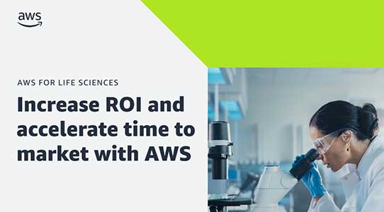 A promotional image for AWS solutions in life sciences, featuring the text 'Increase ROI and accelerate time to market with AWS' and a scientist looking into a microscope in a laboratory setting.