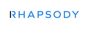 Logo for Rhapsody with blue text on a white background.