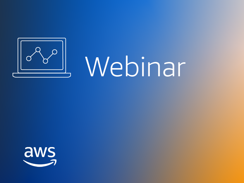 Thumbnail image for an AWS Marketplace healthcare webinar, featuring a laptop with a graph icon and the word 'Webinar' on a blue and orange gradient background with AWS logo.