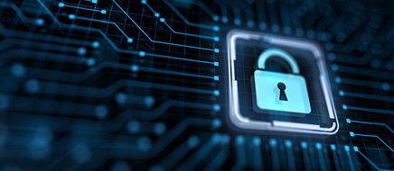 A glowing padlock icon surrounded by digital circuit lines, symbolizing cybersecurity.