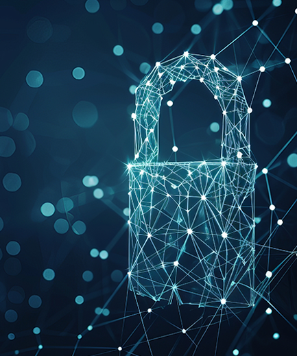 Digital padlock made of interconnected glowing lines and nodes on a dark blue background, symbolizing cybersecurity.