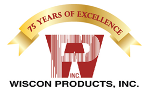 Logo for Wiscon Products, Inc. featuring a gold ribbon with '75 Years of Excellence' above the company initials and name.