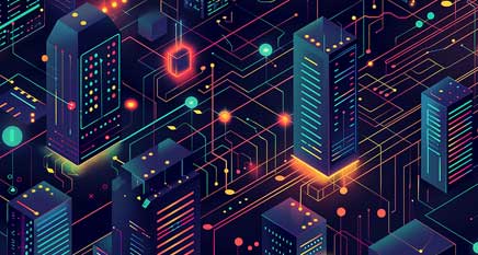 Illustration of circuits and buildings representing security information and event management system monitoring across enterprise infrastructure