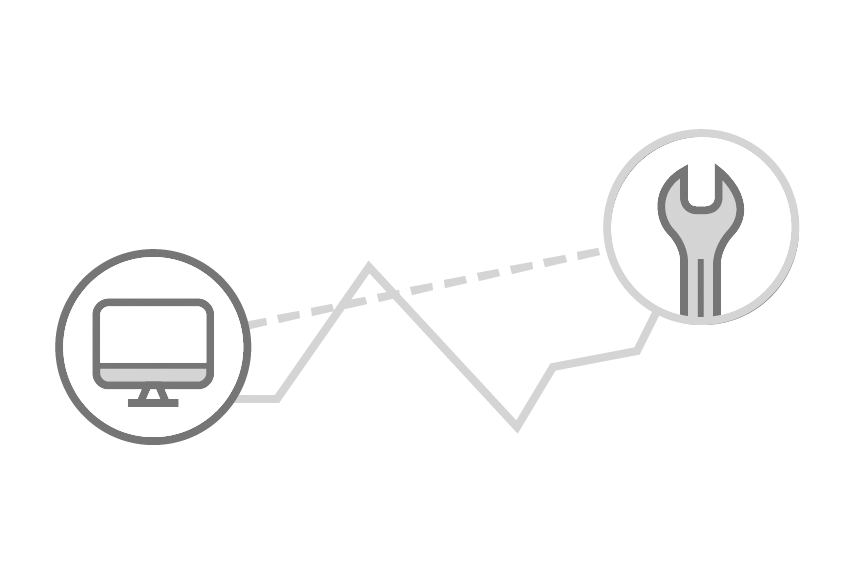 A minimalist illustration depicting a connection between a computer monitor and a wrench, symbolizing the link between digital technology and tools or maintenance.