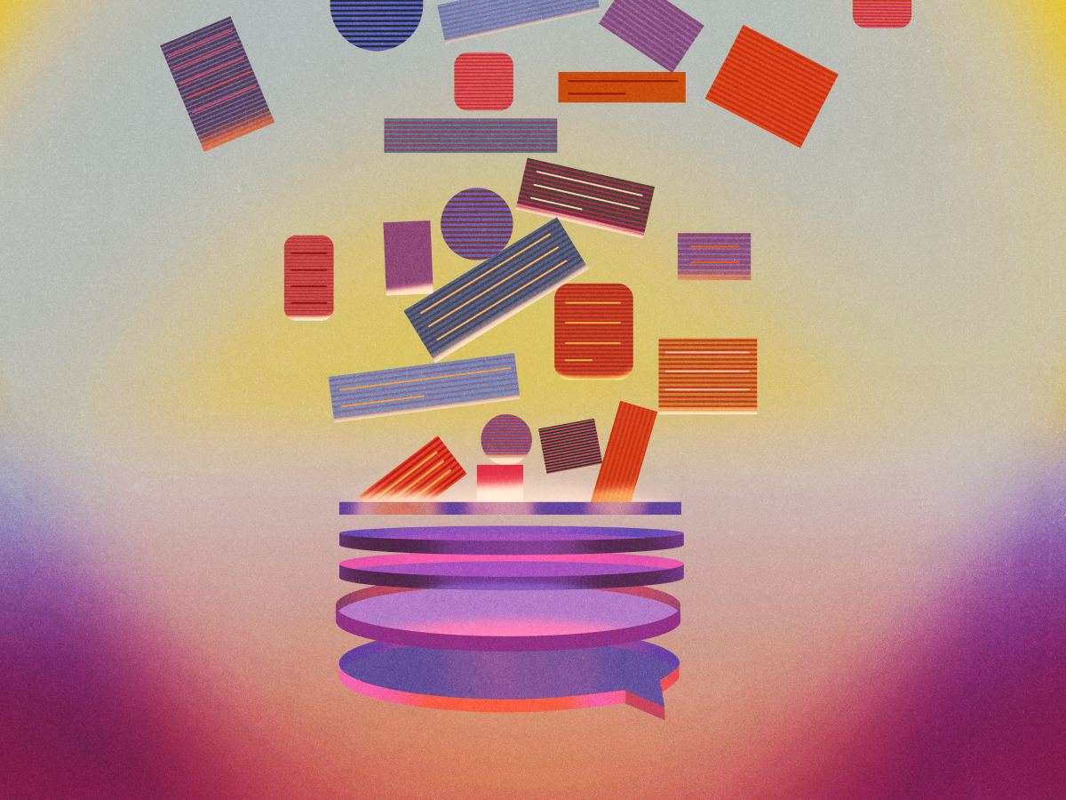 Abstract illustration of colorful geometric shapes, including rectangles and circles, falling into a layered spiral against a gradient background of yellow, orange, and purple.