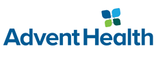 AdventHealth logo featuring the company name in blue with stylized leaf elements above the text.