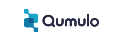 Qumulo logo with blue icon and text on a transparent background