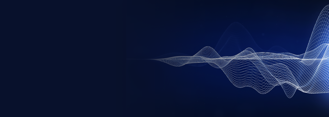 Abstract white waveforms on a dark blue gradient background.