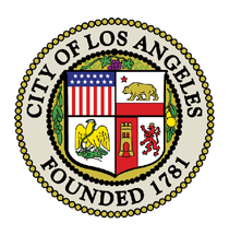 Official seal of the City of Los Angeles, displaying a circular design with four shield segments and various symbols representing the city, along with the text 'City of Los Angeles Founded 1781.'