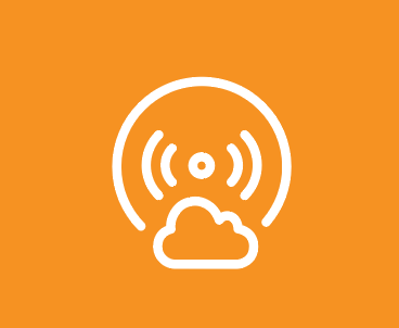 A white telecommunications and cloud icon on an orange background, representing connectivity and cloud technology in the telecommunications industry.