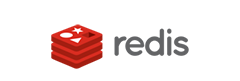 Redis logo featuring a red stack of blocks with geometric shapes and the word "redis" in gray text.