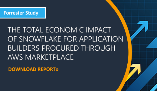 Banner image promoting a Forrester Study titled 'The Total Economic Impact of Snowflake for Application Builders Procured through AWS Marketplace'. The image includes an option to download the report and features upward-pointing arrows on a grid background.