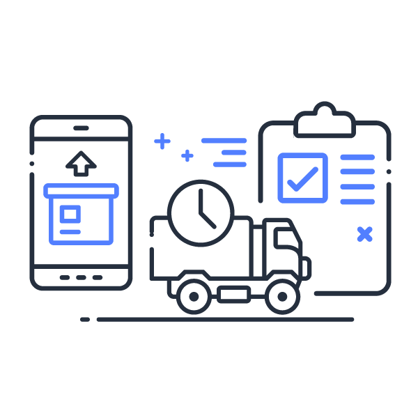 Illustration of a mobile app, delivery truck with a clock, and a clipboard with a checklist, representing logistics and shipment tracking.