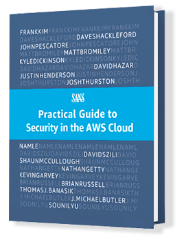 Cover of the book 'Practical Guide to Security in the AWS Cloud' by SANS, featuring a blue design with the title and author names on the front.