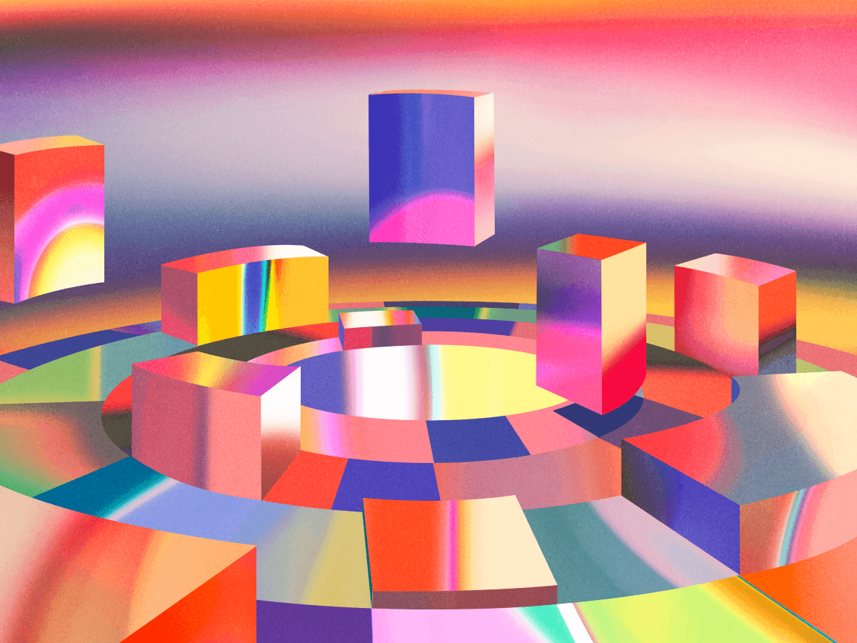 Abstract digital artwork featuring colorful 3D cubes arranged in a circular pattern with a gradient background.