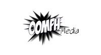 The Oomph Media logo displayed in a stylized comic-style burst, black and white, on a white background.