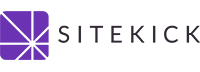 Purple geometric logo with the text "SITEKICK" in black.