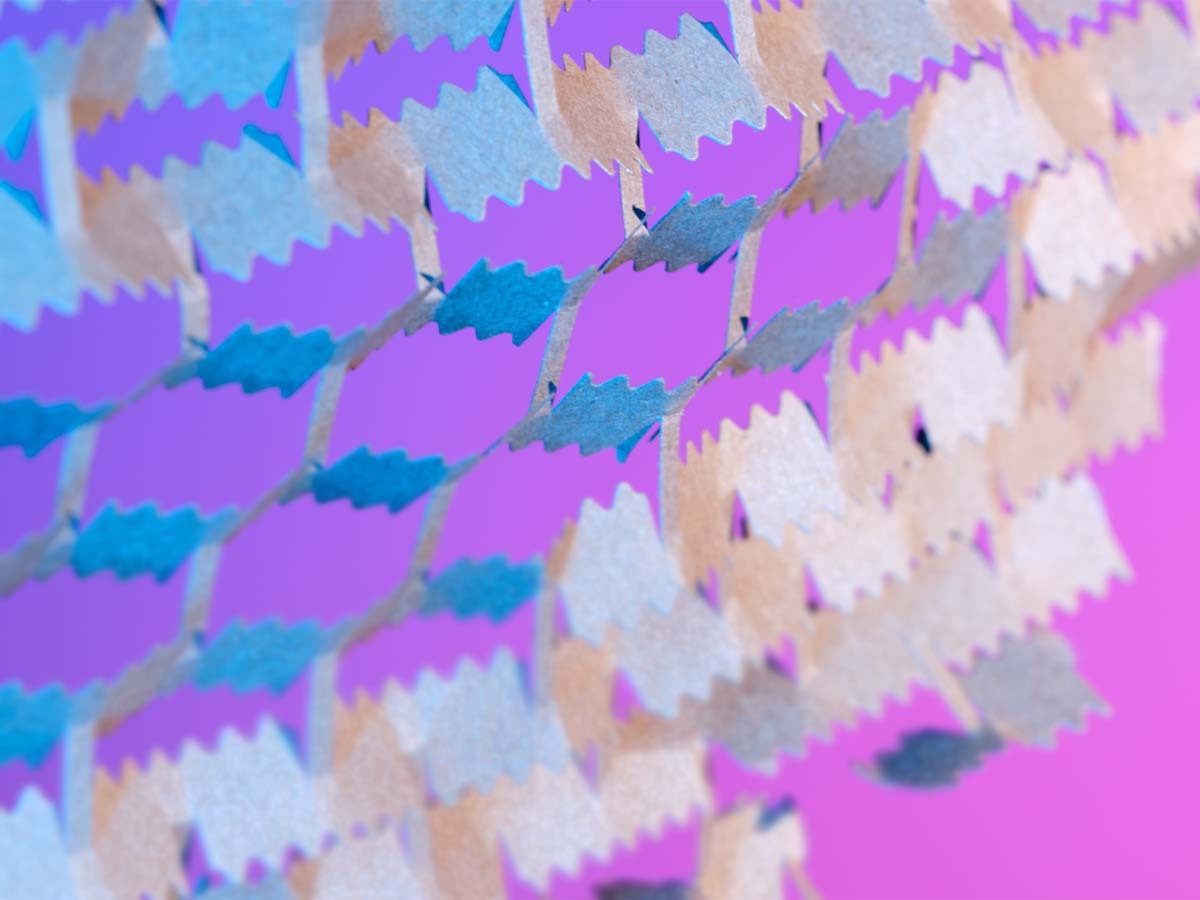 Close-up of interwoven paper strips in blue and beige tones against a vibrant purple background.