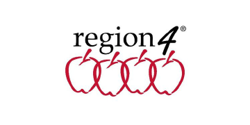 Logo for Region 4 featuring the text 'region 4' above four outlined red apples on a white background.