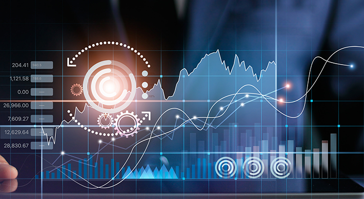 Futuristic visualization of data analytics, including graphs, charts, and digital interface elements representing business intelligence and technology analysis.