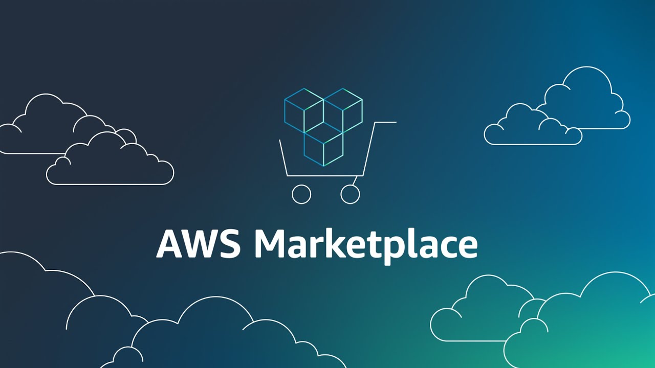 AWS Marketplace solution software illustration with shopping cart, cubes and cloud icons on blue gradient background