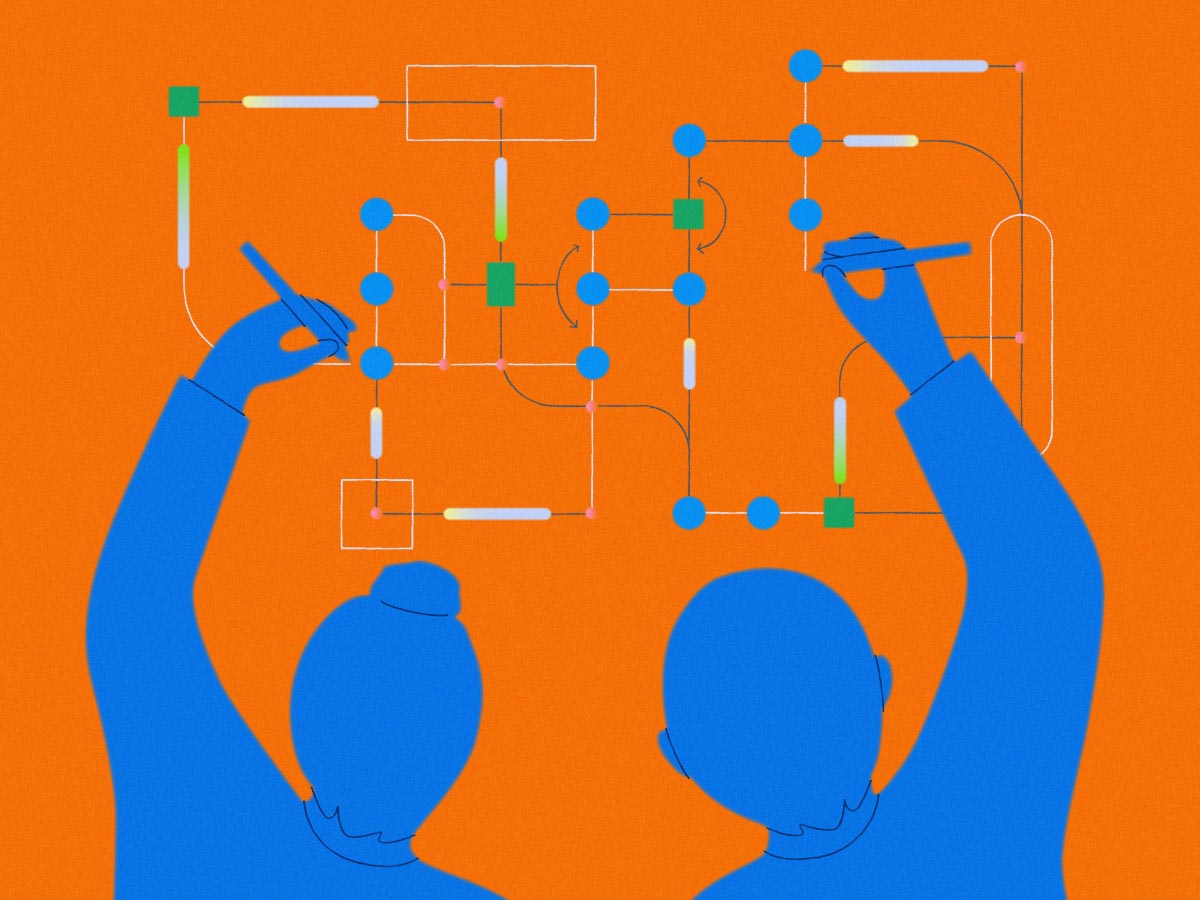 Illustration of two people mapping out a connected flow diagram together.