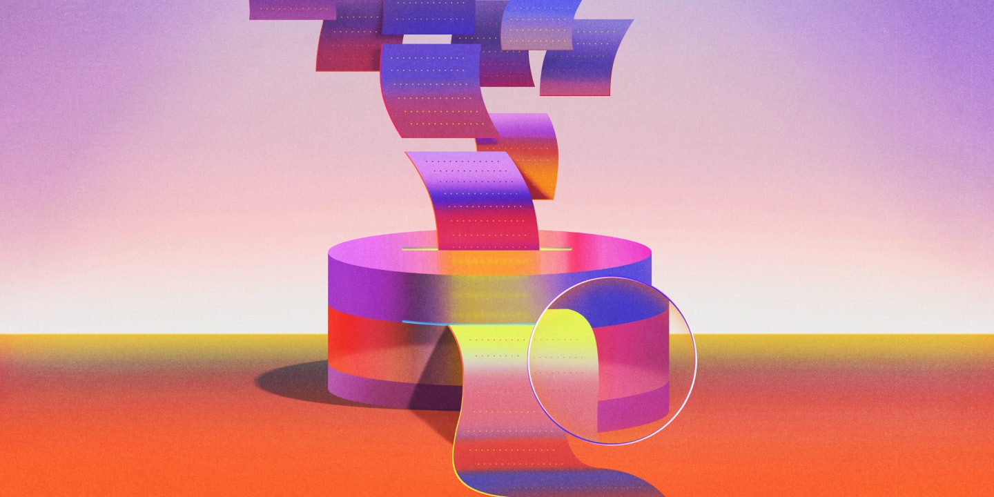 Colorful cylindrical containers with flowing gradient ribbons in purple, pink, orange, and blue, representing data processing pipelines with dotted patterns and circular highlights.