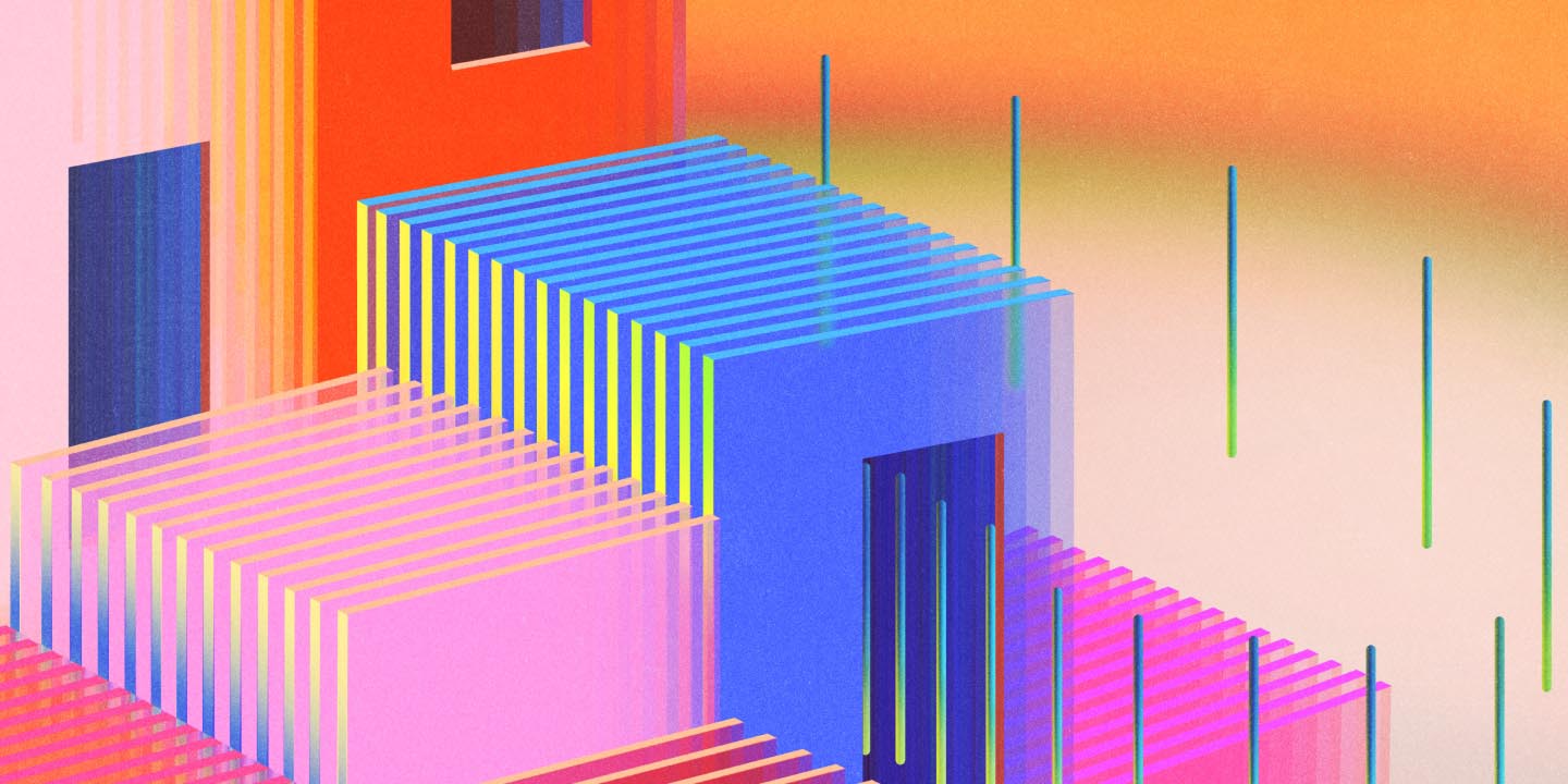 Contemporary 3D digital artwork featuring geometric architectural forms with neon colors including pink, blue, yellow, and green. Shows a central blue structure with striped patterns, pink floor, and vertical green poles against a warm gradient background.