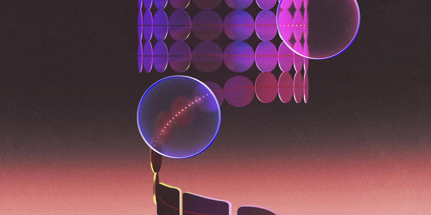 Stylized 3D digital artwork depicting interconnected spheres and circular nodes with blue neon borders and dotted connection lines, representing network connectivity and data flow against a gradient background transitioning from dark gray to coral pink.