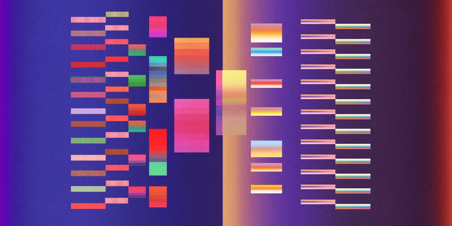 Abstract data visualization with horizontal striped bars and gradient blocks in vibrant colors including pink, orange, yellow, cyan, and purple, separated by a vertical golden divider against a purple-to-red gradient background.