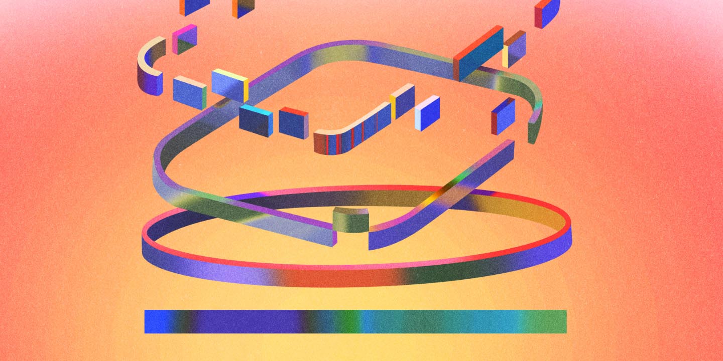 Isometric illustration showing a cyclical workflow with colorful gradient ribbons flowing through and around cubic data blocks on an orange platform, surrounded by an elliptical ring against a coral-to-orange gradient background.