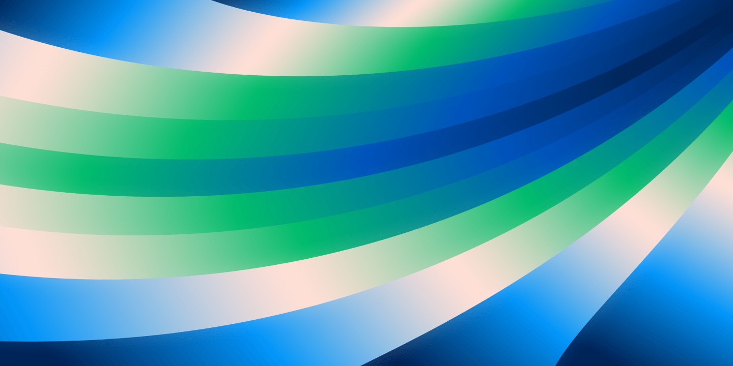 Abstract flowing design featuring layered waves in blue, green, and neutral tones creating diagonal motion across the composition. Semi-transparent overlapping elements with smooth gradient transitions suggest fluid movement and depth.