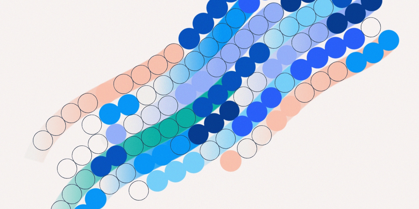 Multiple parallel streams of colored circles in peach, cyan, blue, navy, and teal arranged in diagonal bands flowing across the image, creating a sense of movement and data interconnectivity.