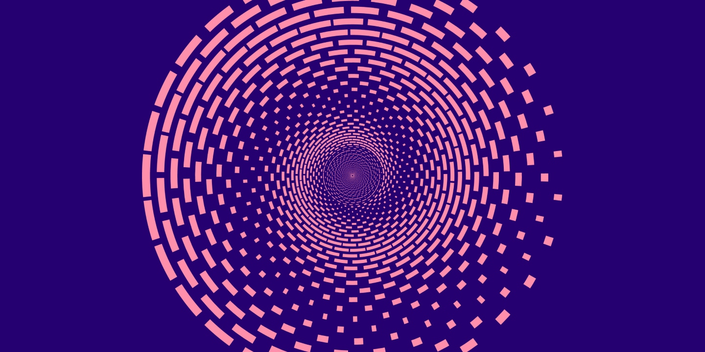 Concentric spiral pattern with salmon-pink rectangular blocks arranged in circular rings receding into a deep purple center, creating an optical illusion of a tunnel or wormhole with depth and motion.