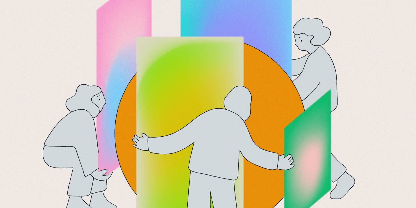 Illustration of three stylized figures collaborating around a large geometric shape with vibrant gradient colors, symbolizing teamwork and creative synergy against a neutral background.