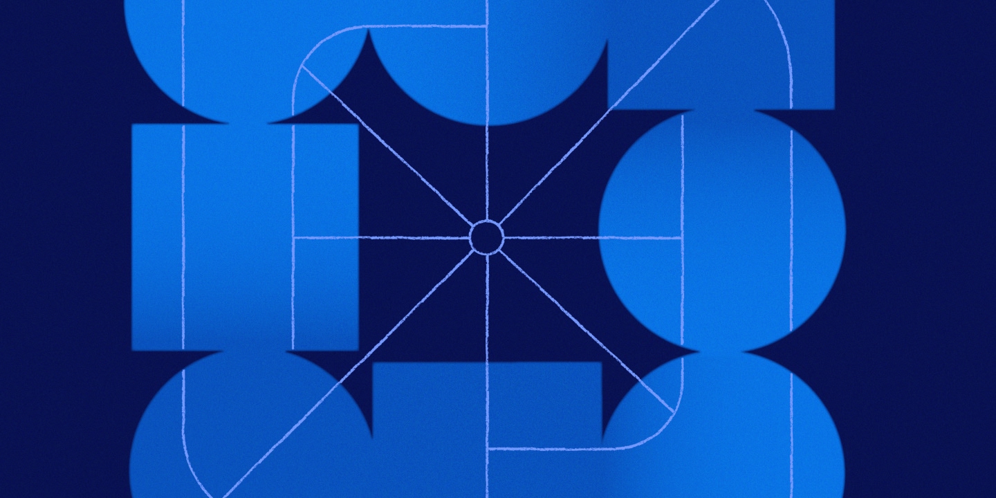 Technical blueprint-style diagram featuring symmetrical geometric shapes arranged around a central point with construction lines, grids, and circular elements on a blue background, showing radial construction with isometric perspective.