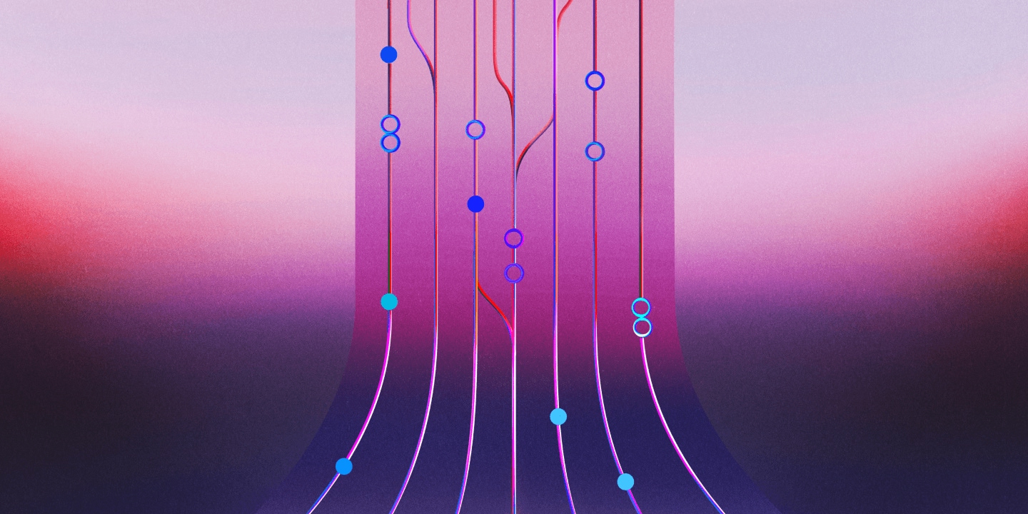 Abstract visualization depicting interconnected nodes and flowing data streams across multiple vertical pathways with blue and cyan circular nodes connected by curved lines, set against a gradient background transitioning from pink to deep purple.