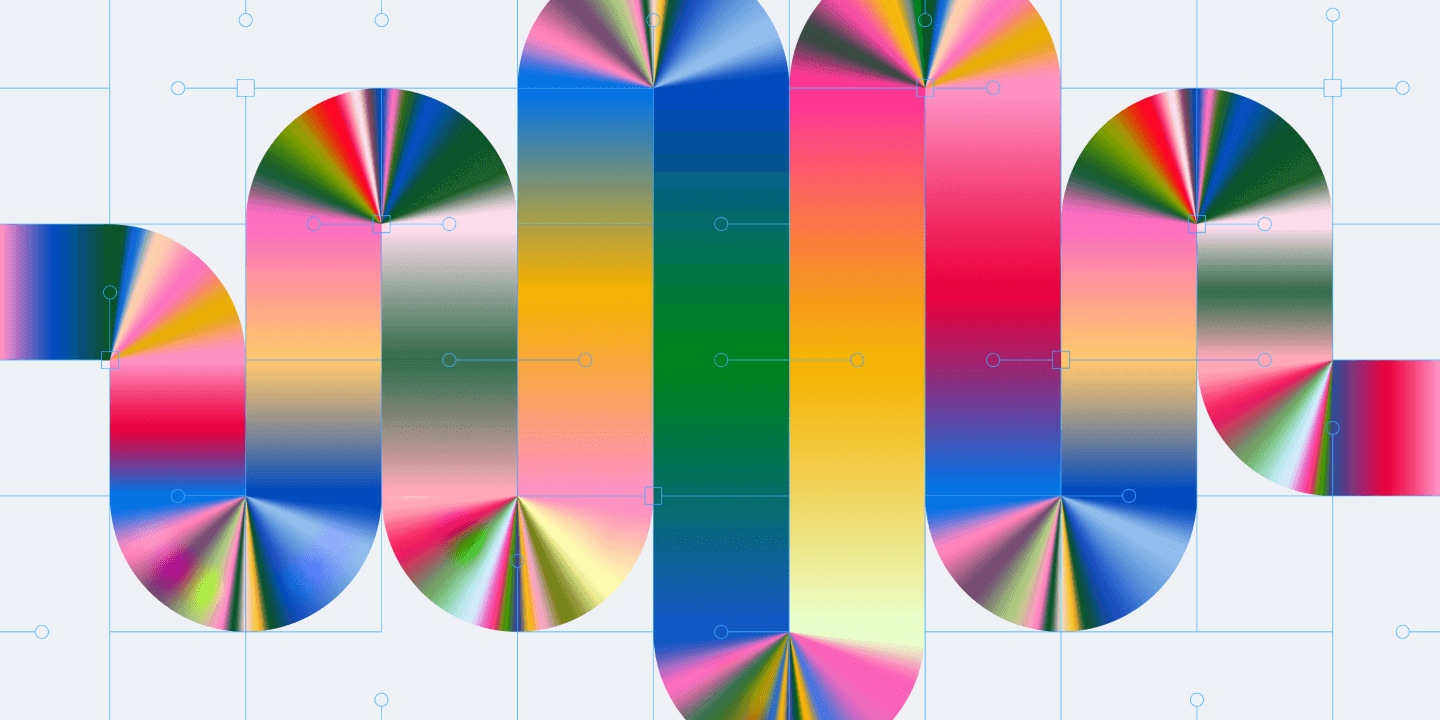Color gradient palette designer interface displaying multiple circular color wheels and rectangular gradient panels with rainbow spectrum transitions, control points, and alignment guides on light blue grid background.