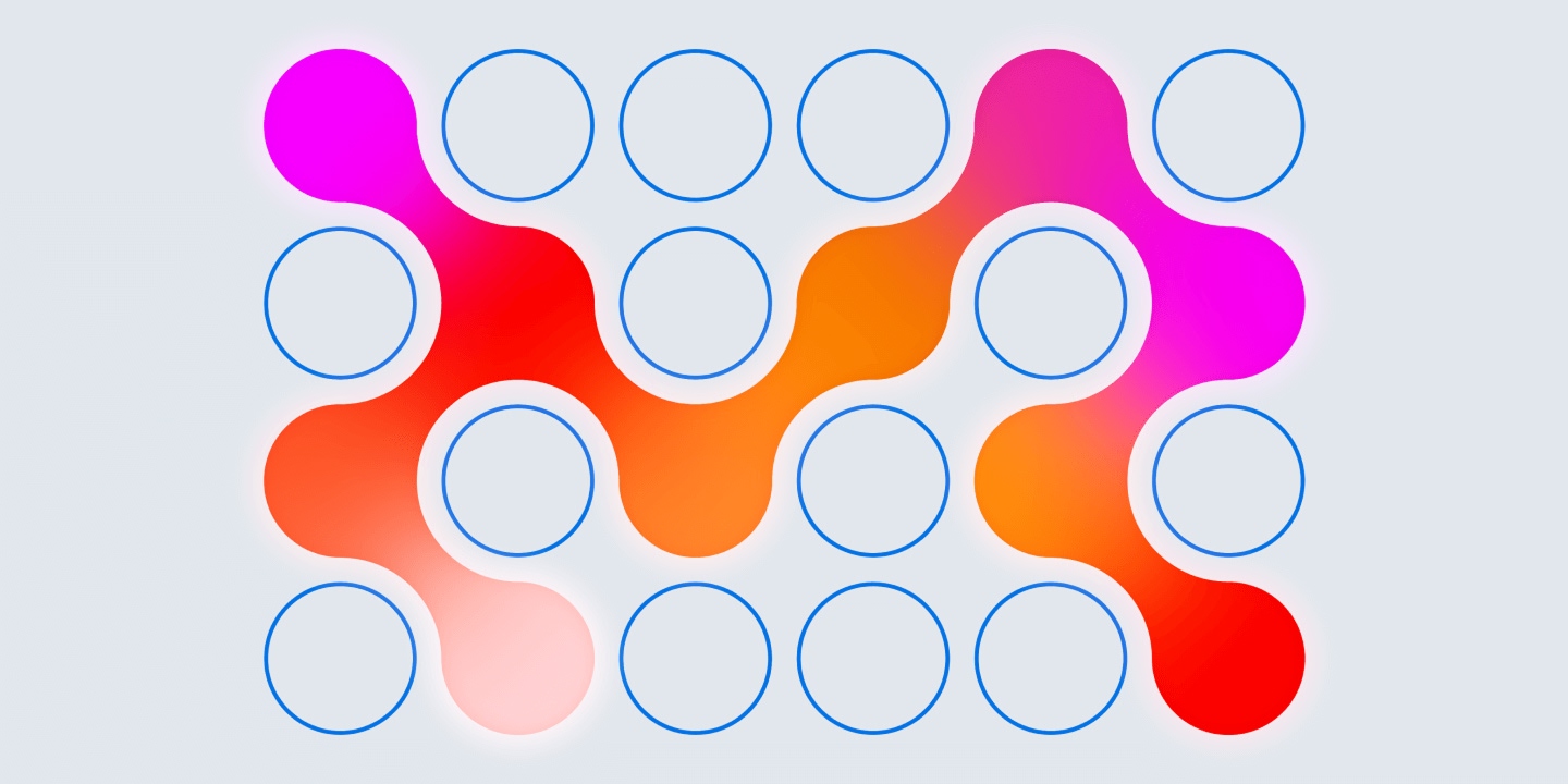 Network diagram showing 20 blue-outlined circular nodes in grid pattern connected by flowing gradient-colored connectors in magenta, pink, red, and orange illustrating data flow and communication networks.